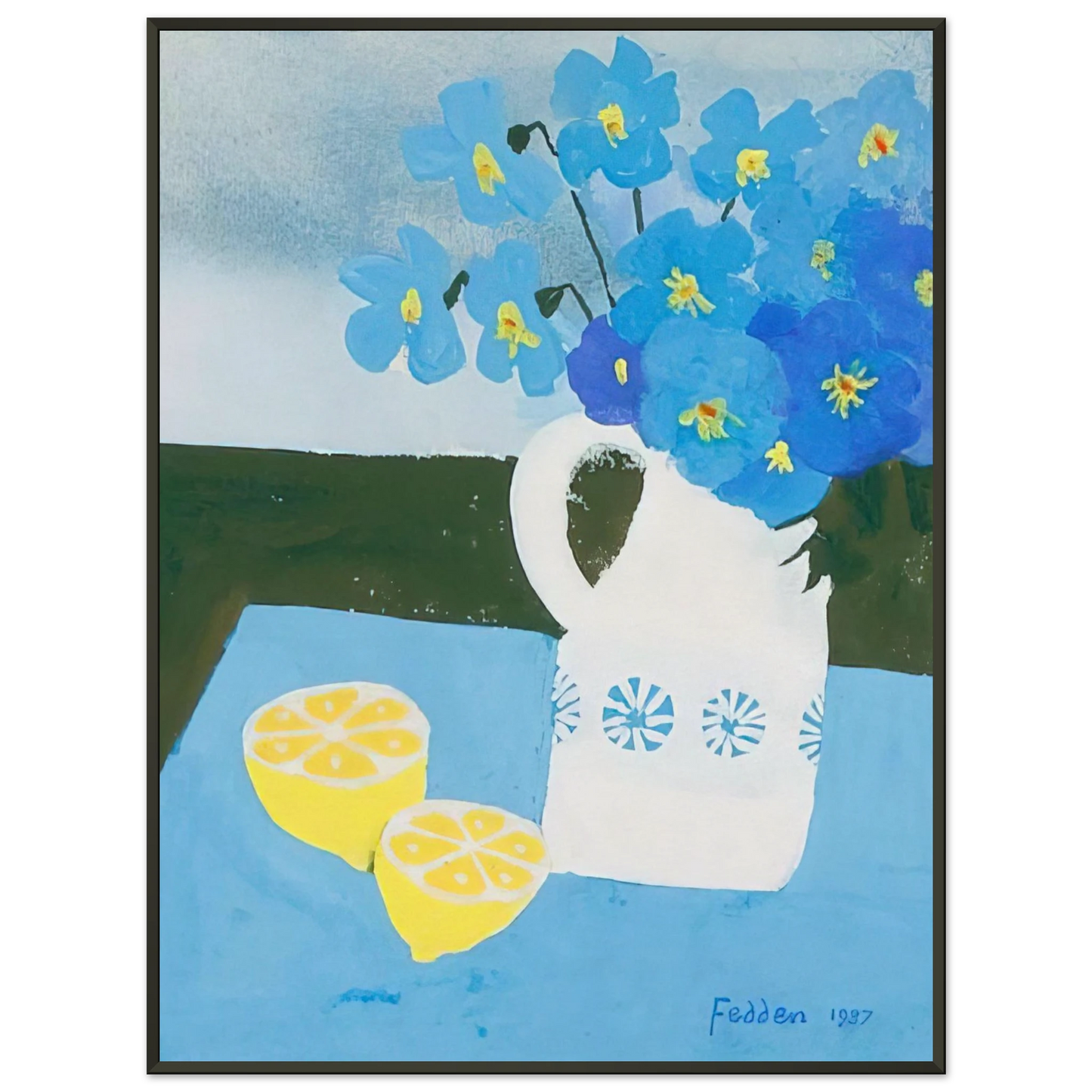 Mary Fedden  Flowers in a vase with lemon  1987 Framed Art Print  - Aluminum Frame - 40x50 cm / 16x20 inches