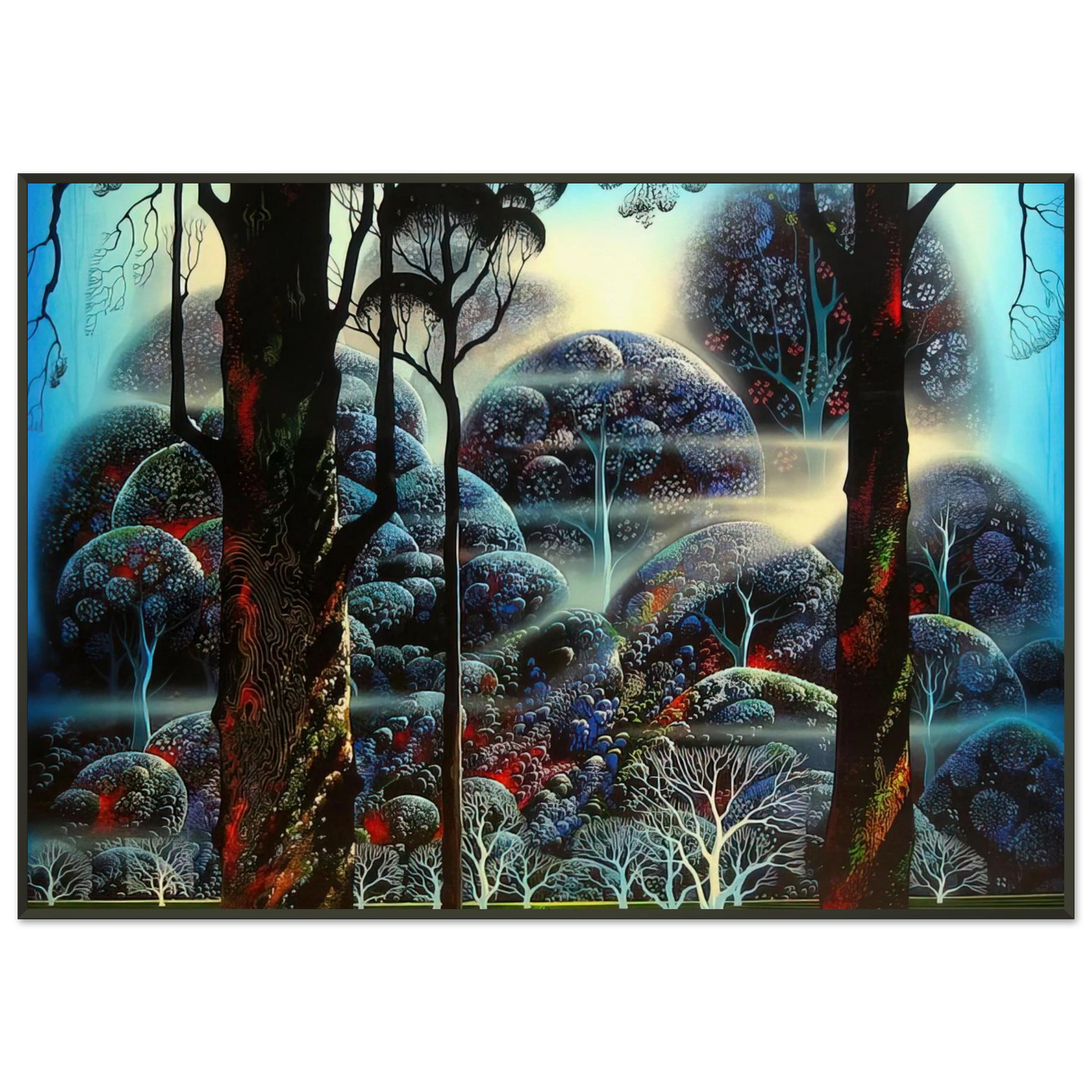Eyvind Earle  Mist in the Dark Woods Framed Art Print  - Aluminum Frame - 21x29.7 cm / 8x12"