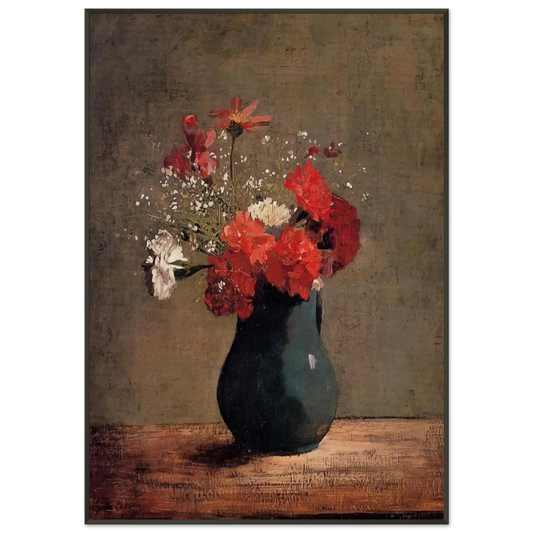 Odilon Redon  CARNATIONS AND BABY S BREATH IN A GREEN PITCHER Framed Art Print  - Aluminum Frame - 21x29.7 cm / 8x12"