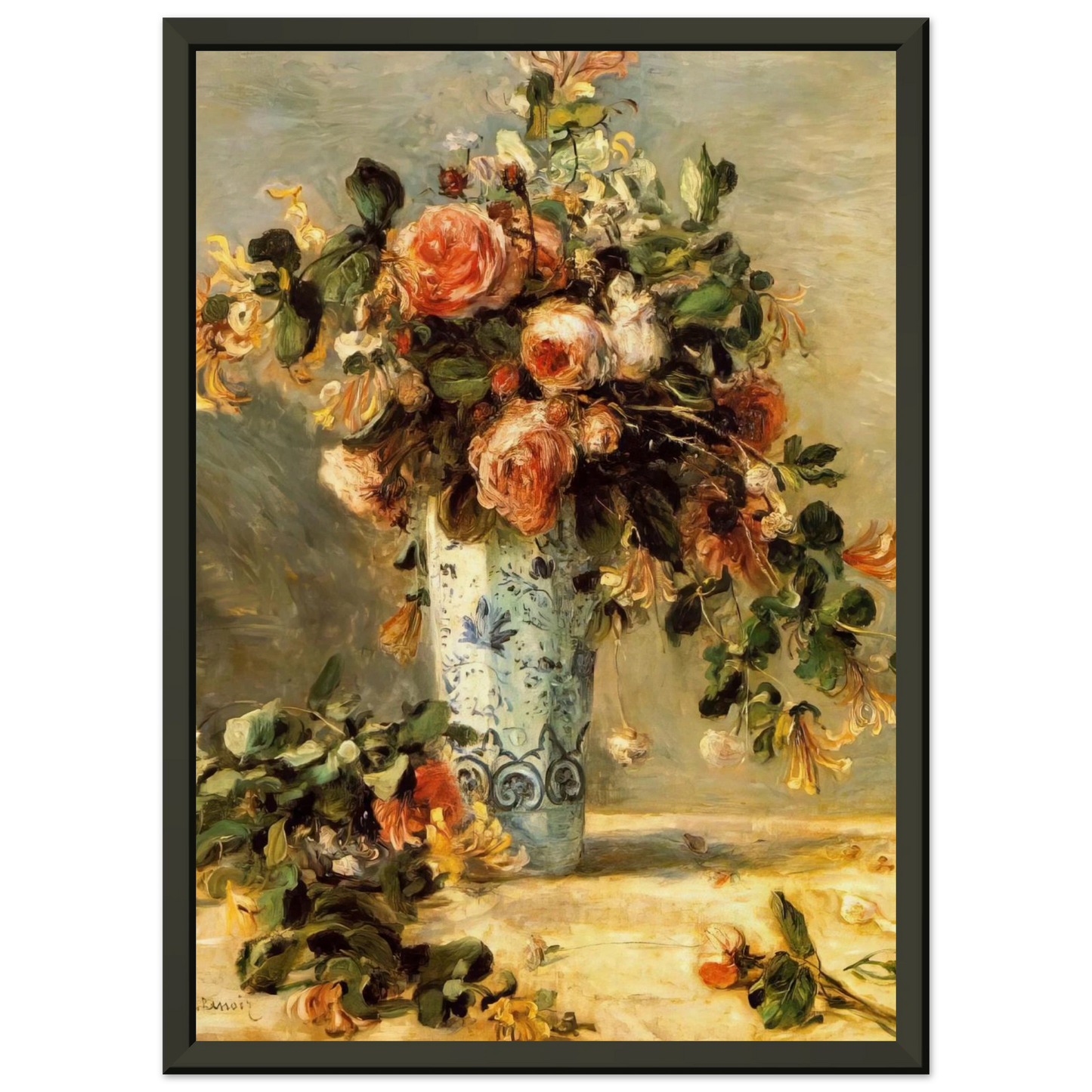 PierreAuguste Renoir  Roses and Jasmine in a Delft Vase Framed Art Print  - Aluminum Frame - 40x50 cm / 16x20 inches