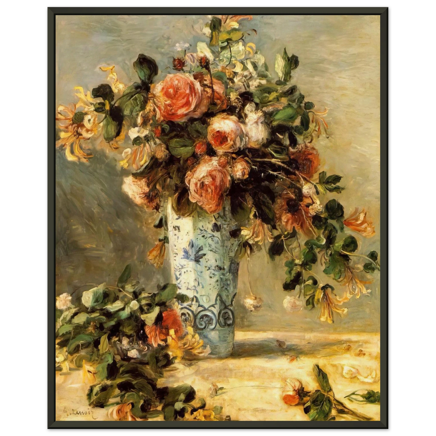 PierreAuguste Renoir  Roses and Jasmine in a Delft Vase Framed Art Print  - Aluminum Frame - 70x100 cm / 28x40 inches