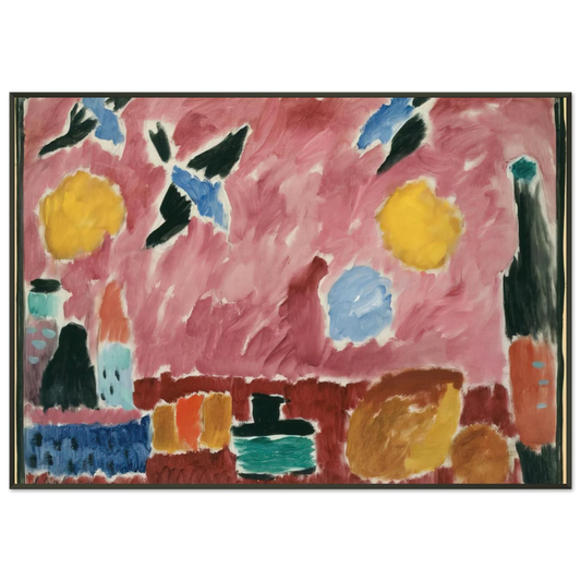 Alexej von Jawlensky  STILL LIFE WITH BOTTLE BREAD AND RED WALLPAPER WITH SWALLOWS 1915 Framed Art Print  - Aluminum Frame - 21x29.7 cm / 8x12"