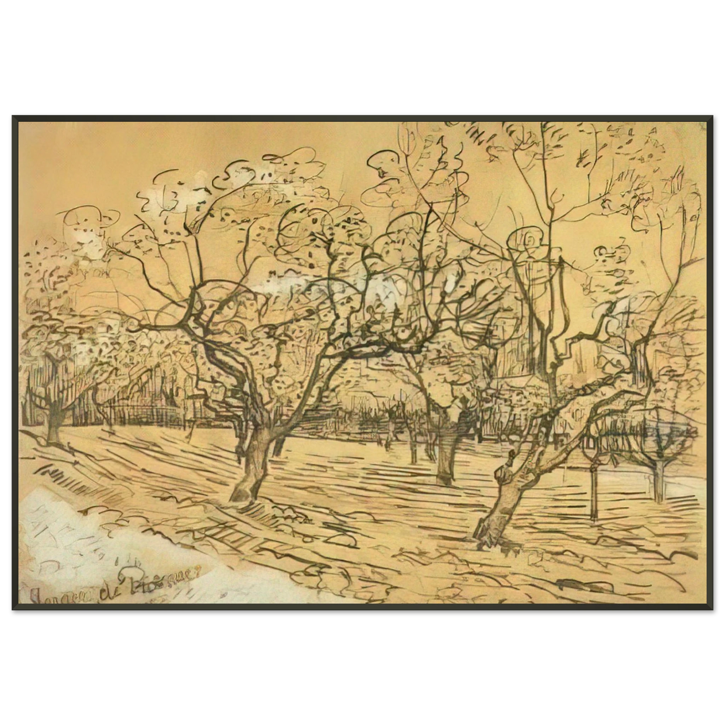 Vincent van Gogh  Orchard with Blossoming Plum Trees The White Orchard Framed Art Print  - Aluminum Frame - 21x29.7 cm / 8x12"