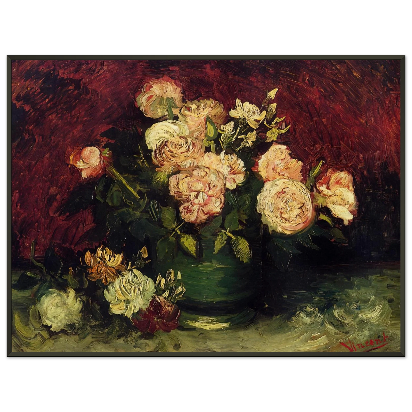 Vincent van Gogh  Bowl with Peonies and Roses Framed Art Print  - Aluminum Frame - 70x100 cm / 28x40 inches