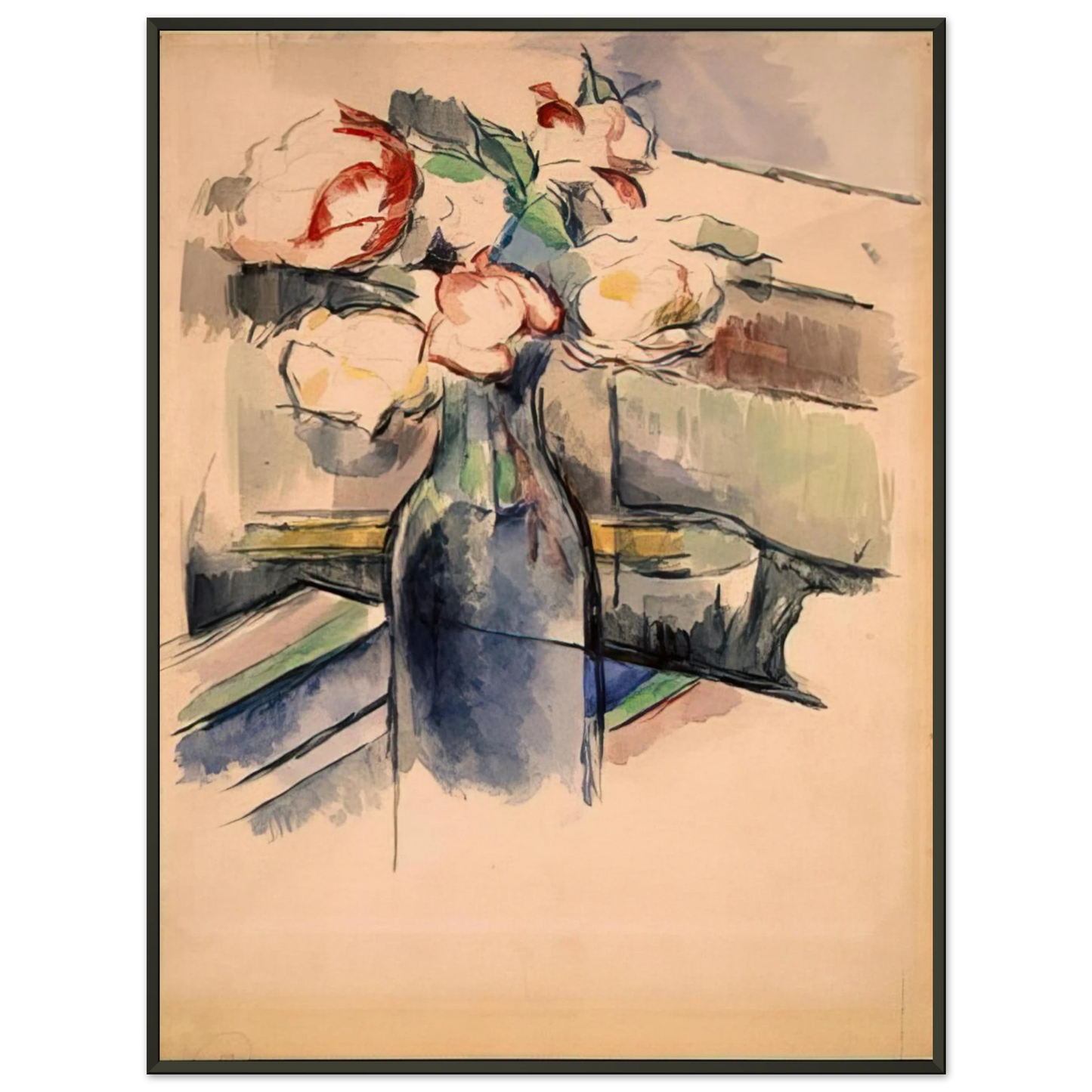 Paul Cezanne  Roses in a Bottle Framed Art Print  - Aluminum Frame - 40x50 cm / 16x20 inches