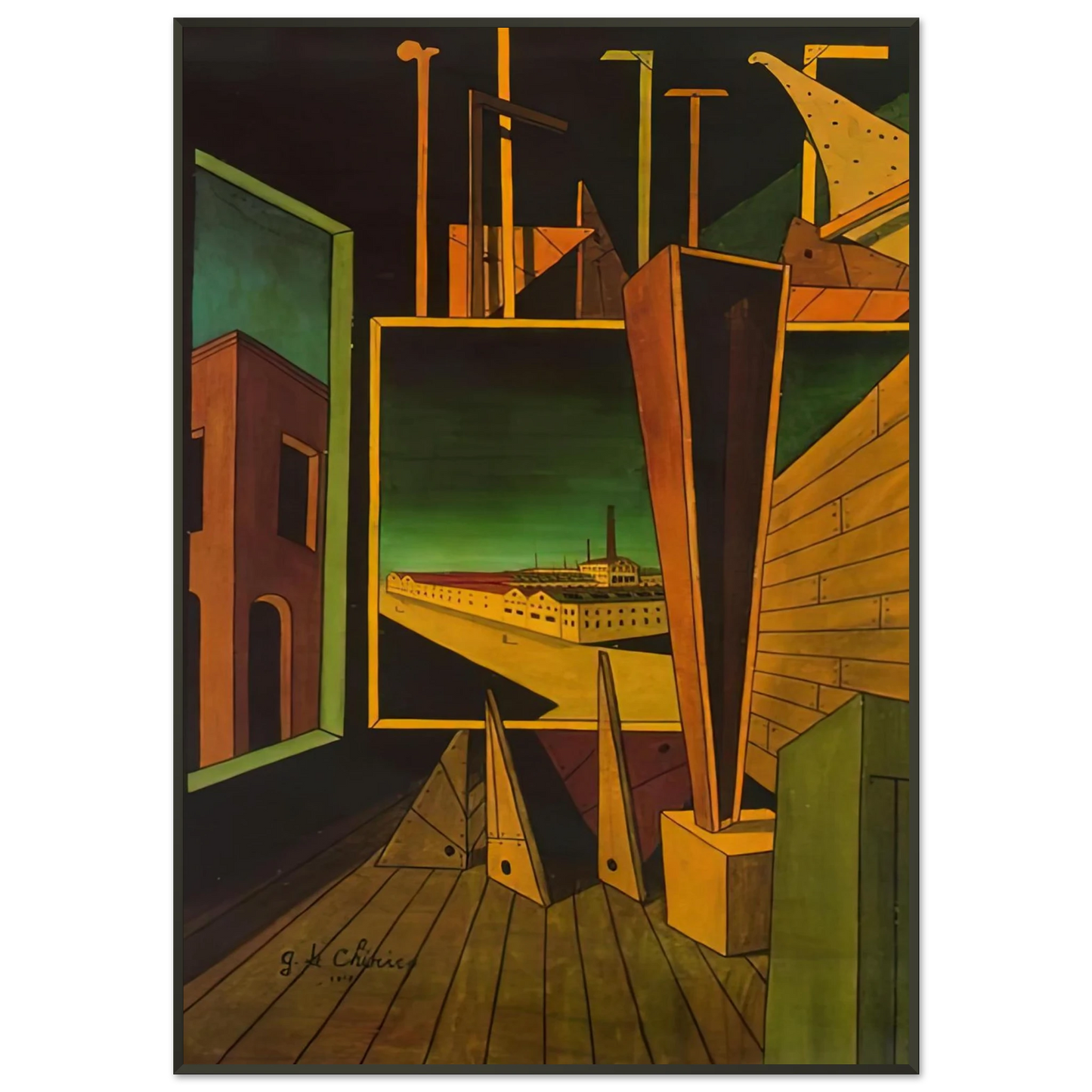 Giorgio de Chirico  GEOMETRIC COMPOSITION WITH FACTORY LANDSCAPE 1917 Framed Art Print  - Aluminum Frame - 21x29.7 cm / 8x12"