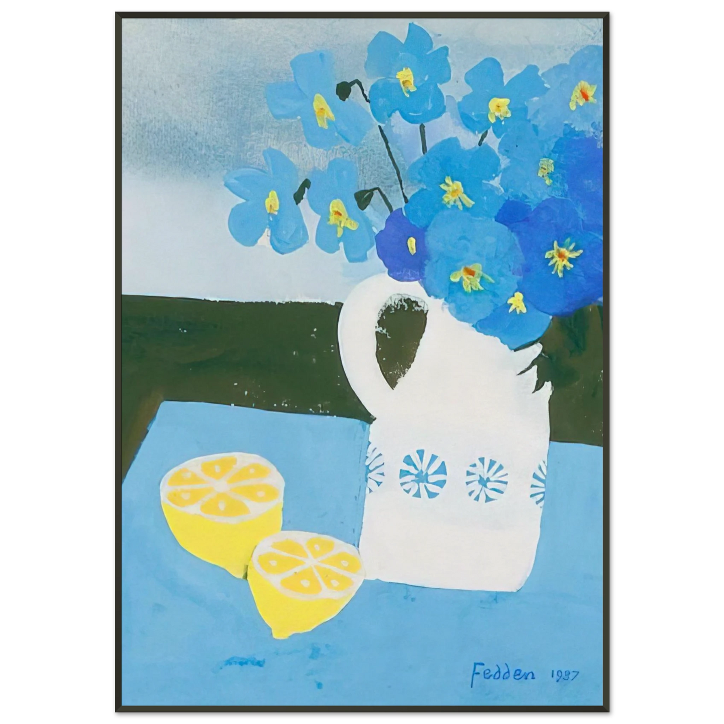 Mary Fedden  Flowers in a vase with lemon  1987 Framed Art Print  - Aluminum Frame - 21x29.7 cm / 8x12"