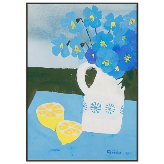 Mary Fedden  Flowers in a vase with lemon  1987 Framed Art Print  - Aluminum Frame - 21x29.7 cm / 8x12"