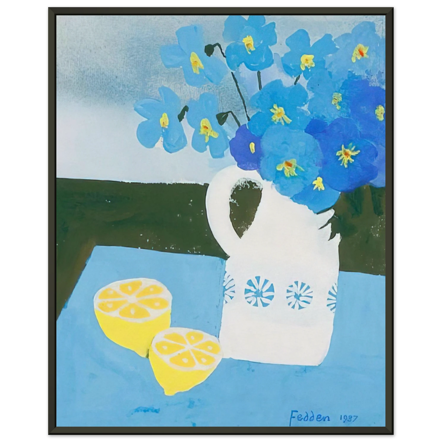 Mary Fedden  Flowers in a vase with lemon  1987 Framed Art Print  - Aluminum Frame - 60x80 cm / 24x32 inches