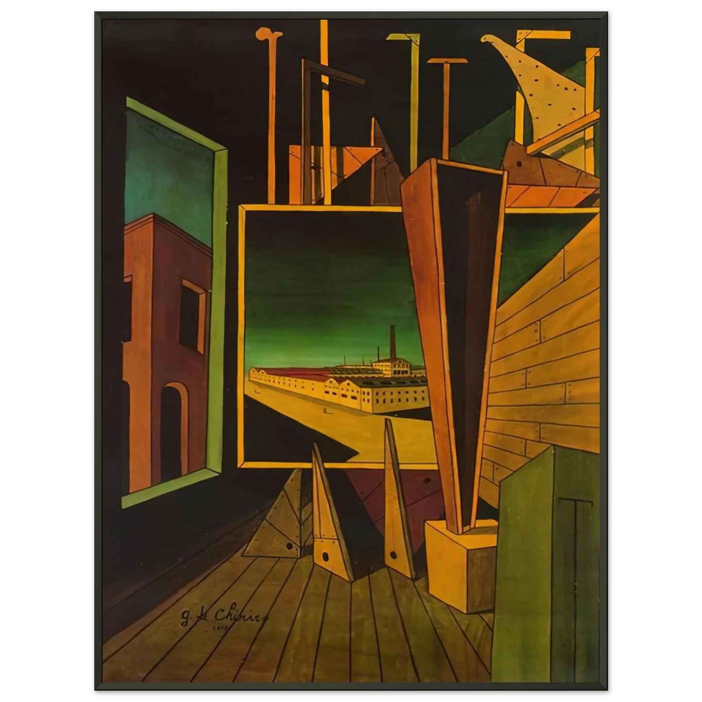 Giorgio de Chirico  GEOMETRIC COMPOSITION WITH FACTORY LANDSCAPE 1917 Framed Art Print  - Aluminum Frame - 40x50 cm / 16x20 inches