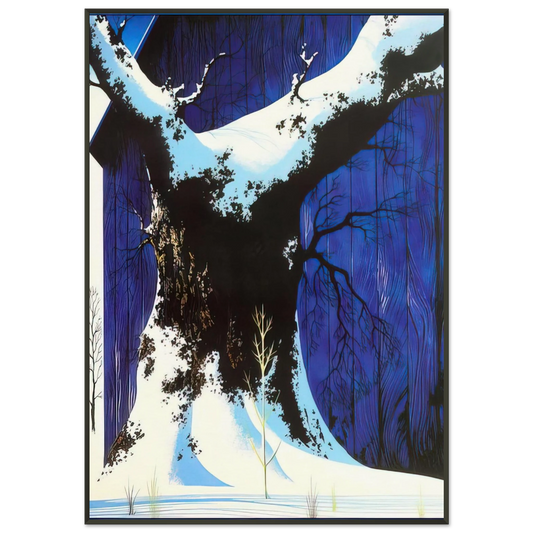 Eyvind Earle  Blue Barn and Snow Framed Art Print  - Aluminum Frame - 21x29.7 cm / 8x12"