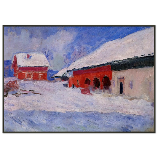 claude monet  Red Houses at Bjornegaard in the Snow Norway Framed Art Print  - Aluminum Frame - 21x29.7 cm / 8x12"