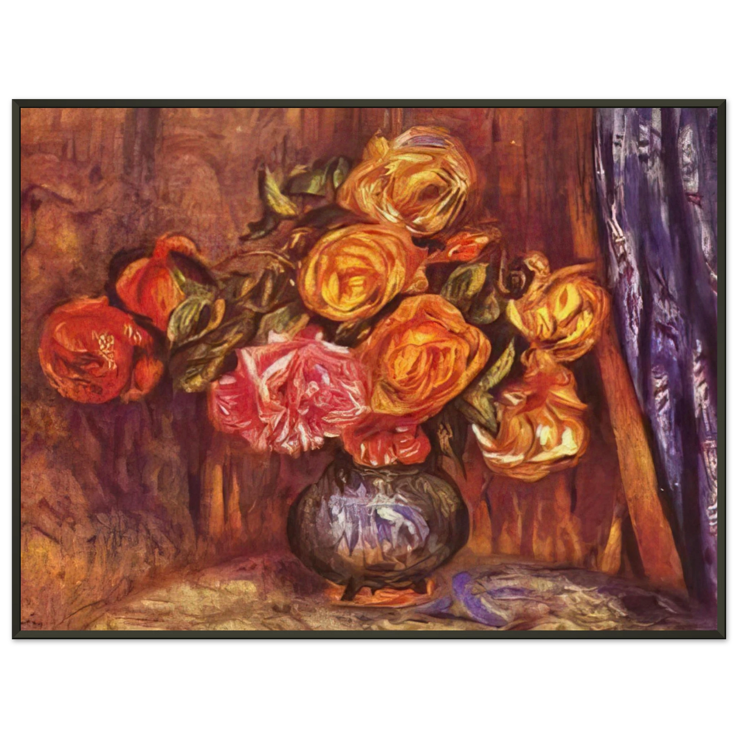 PierreAuguste Renoir  Roses Before the Blue Curtain Framed Art Print  - Aluminum Frame - 40x50 cm / 16x20 inches