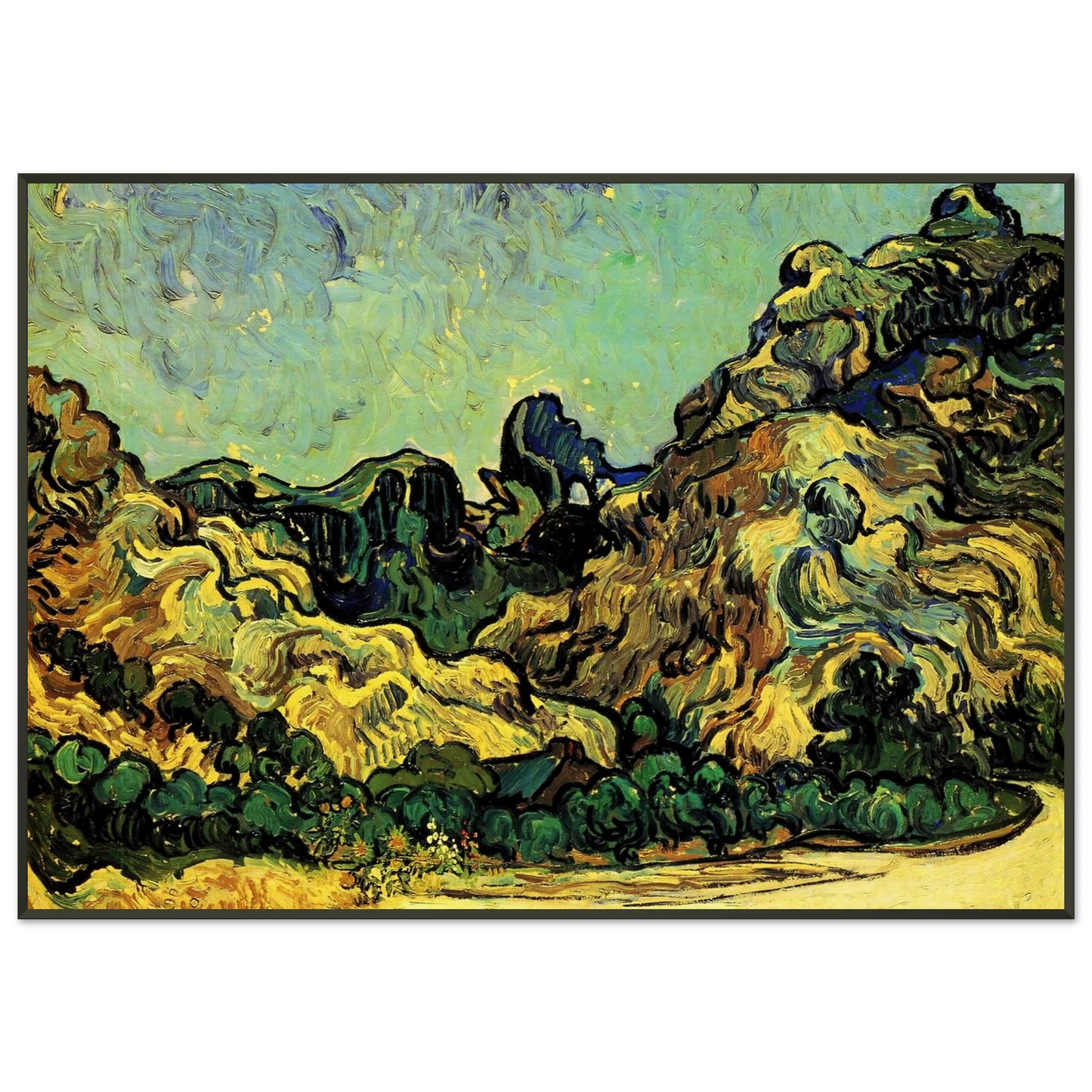 Vincent van Gogh  Mountains at SaintRemy with Dark Cottage Framed Art Print  - Aluminum Frame - 21x29.7 cm / 8x12"