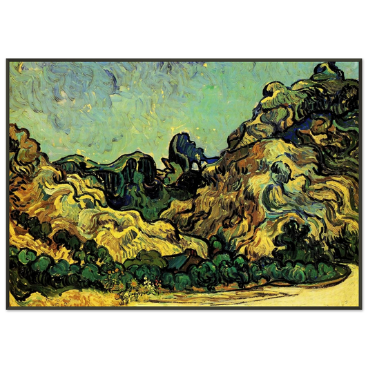 Vincent van Gogh  Mountains at SaintRemy with Dark Cottage Framed Art Print  - Aluminum Frame - 21x29.7 cm / 8x12"