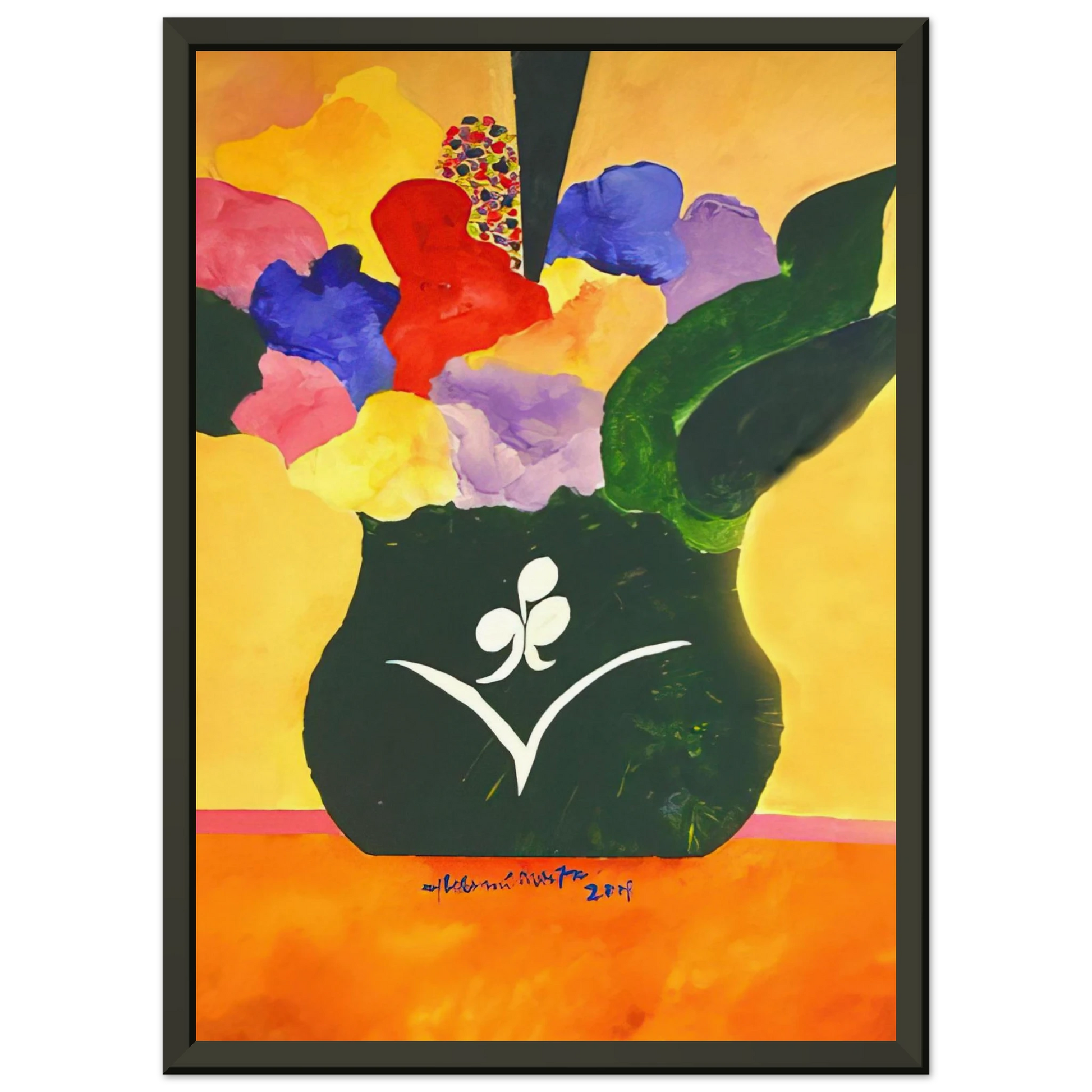 Aldemir Martins  Green Vase With Flowers and Fruit  2001 Framed Art Print  - Aluminum Frame - 70x100 cm / 28x40 inches