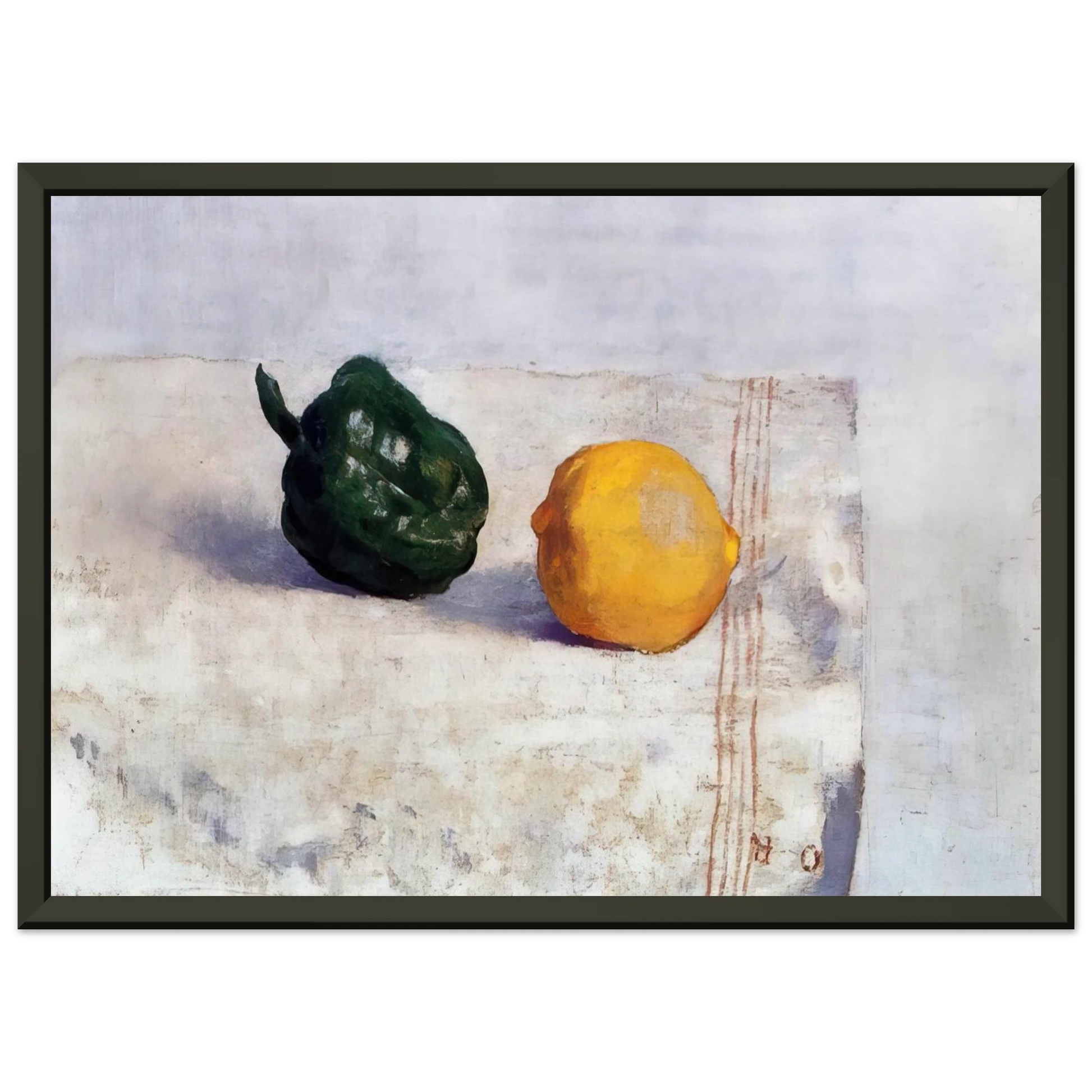 Odilon Redon  PEPPER AND LEMON ON A WHITE TABLECLOTH 1901 Framed Art Print  - Aluminum Frame - 70x100 cm / 28x40 inches