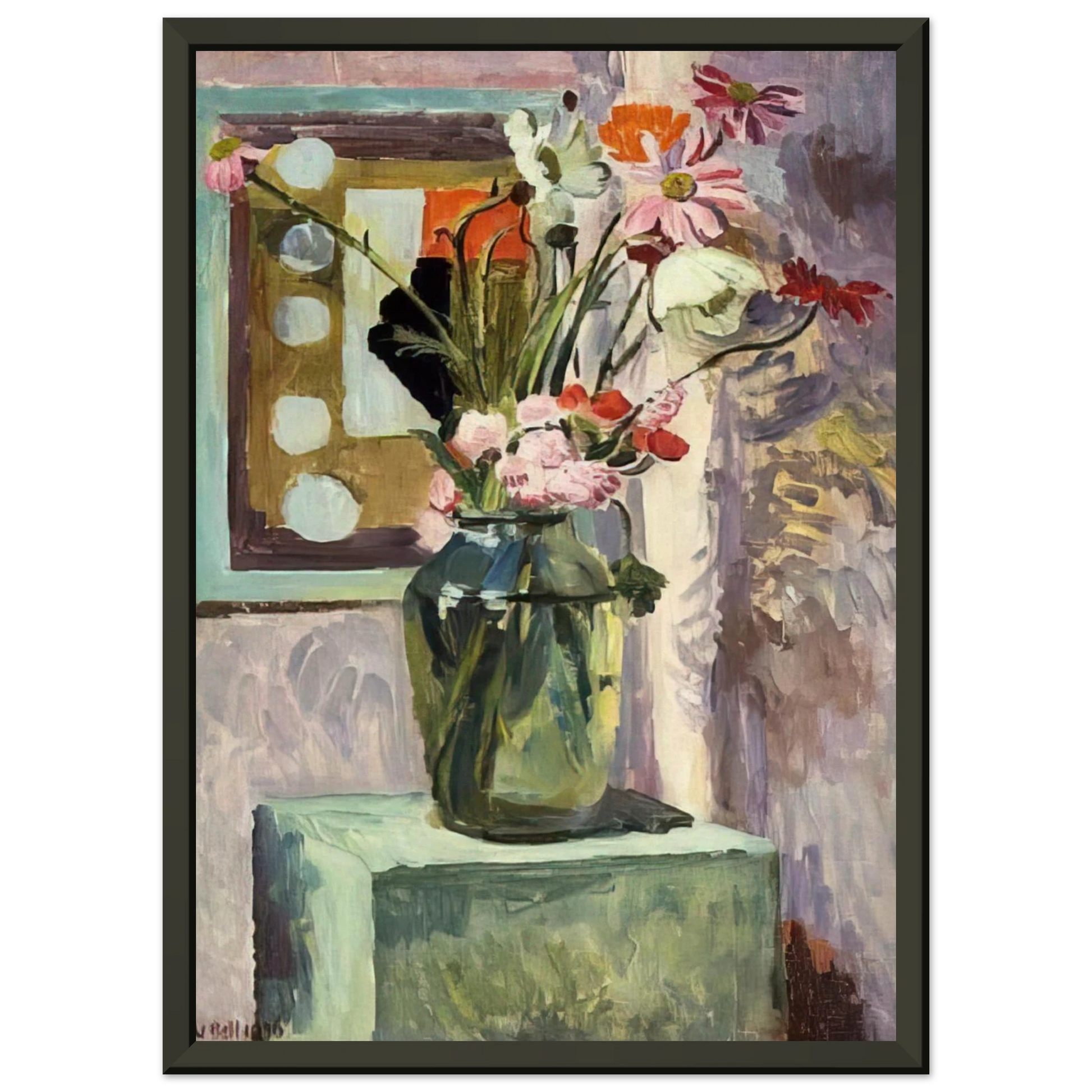Vanessa Bell  FLOWERS IN A GLASS VASE WITH ABSTRACT NEEDLEWORK DESIGN Framed Art Print  - Aluminum Frame - 40x50 cm / 16x20 inches
