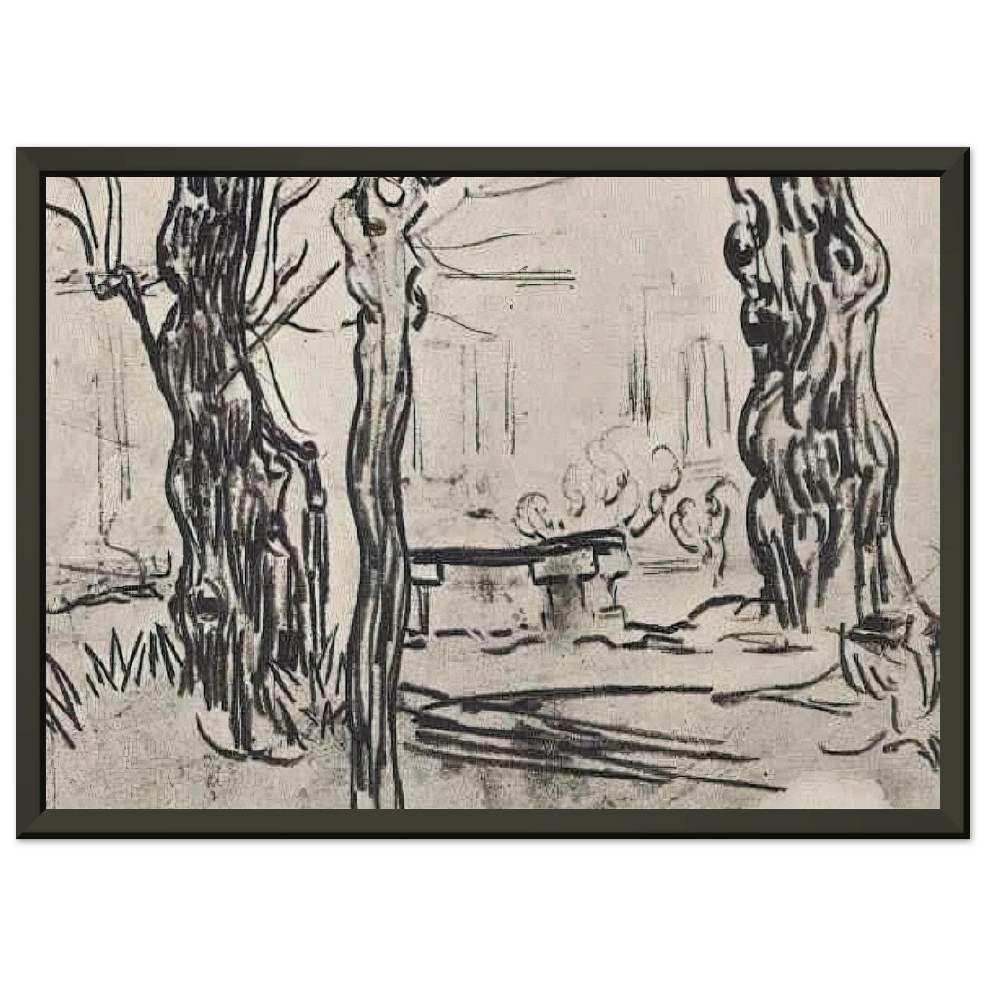 Vincent van Gogh  Garden of the Asylum and Tree Trunks and a Stone Bench Framed Art Print  - Aluminum Frame - 60x80 cm / 24x32 inches