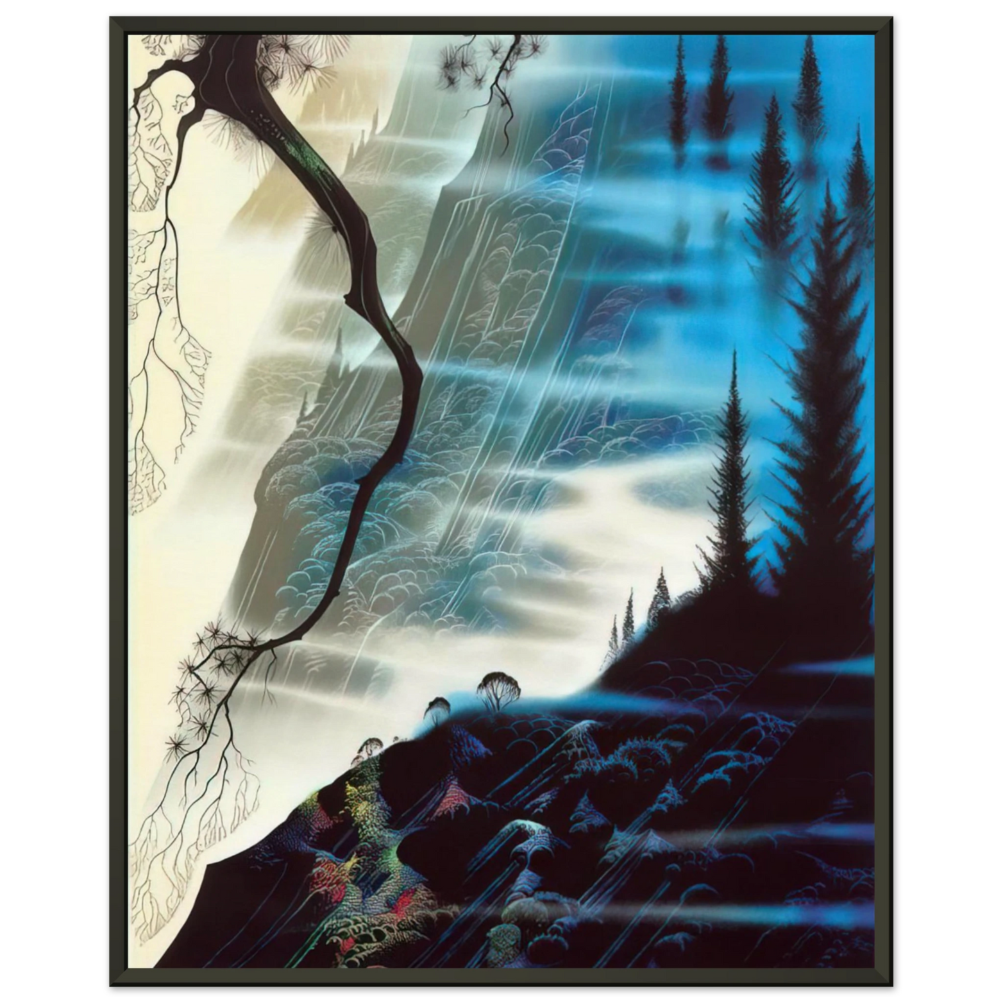 Eyvind Earle  Sea Cliffs and Redwoods Framed Art Print  - Aluminum Frame - 70x100 cm / 28x40 inches
