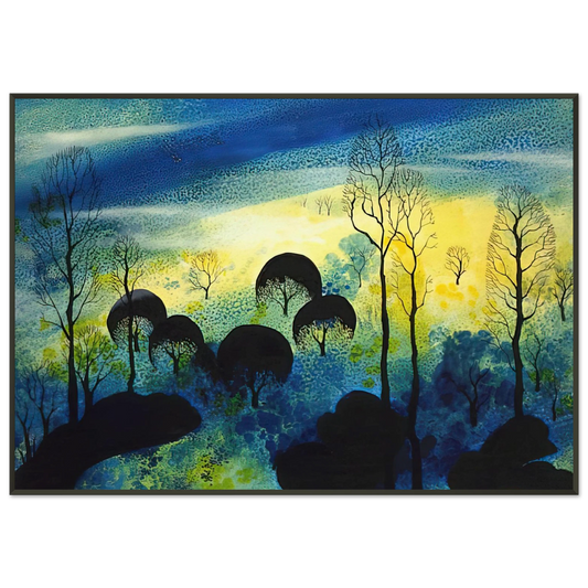 Eyvind Earle  Pastures Through the Fog Framed Art Print  - Aluminum Frame - 21x29.7 cm / 8x12"